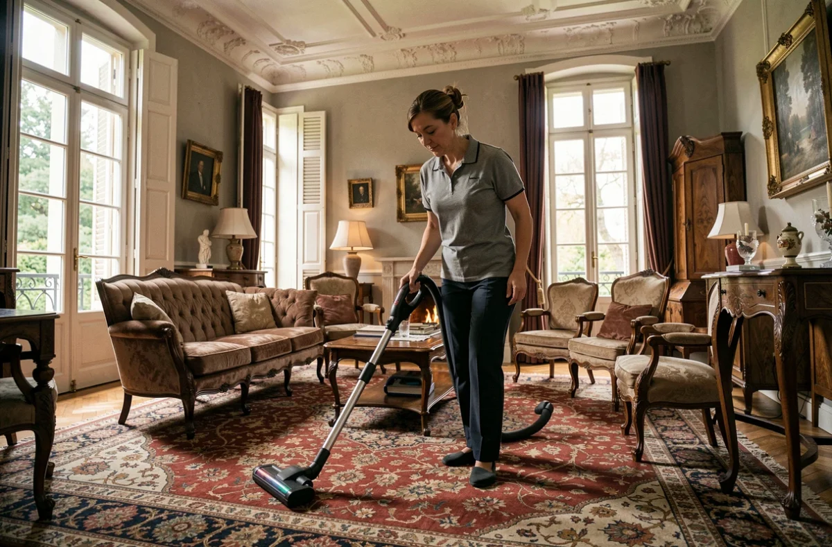 Employée Centre Services aspirant un salon classique aux hauts plafonds moulurés dans un appartement bourgeois de Bordeaux