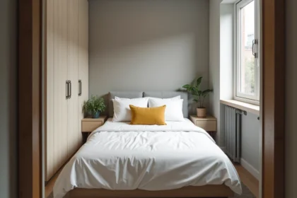 Chambre d'ami compacte et bien aménagée dans un appartement moderne avec lit double, table de nuit en bois et plante verte