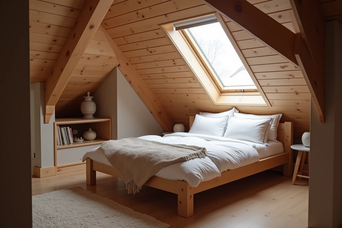 Chambre d'ami mansardée sous les combles avec poutres en bois apparentes, lit en chêne et velux offrant une atmosphère intimiste