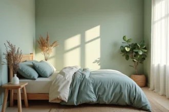 Chambre apaisante aux murs vert sauge avec lumière naturelle filtrée par des rideaux en lin et literie en coton crème et bleu poudré