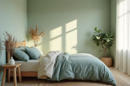 Chambre apaisante aux murs vert sauge avec lumière naturelle filtrée par des rideaux en lin et literie en coton crème et bleu poudré