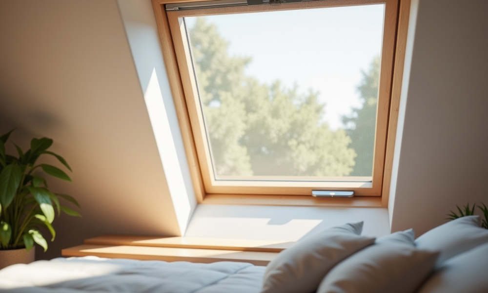 Chambre de grenier moderne avec fenêtre Velux et moustiquaire