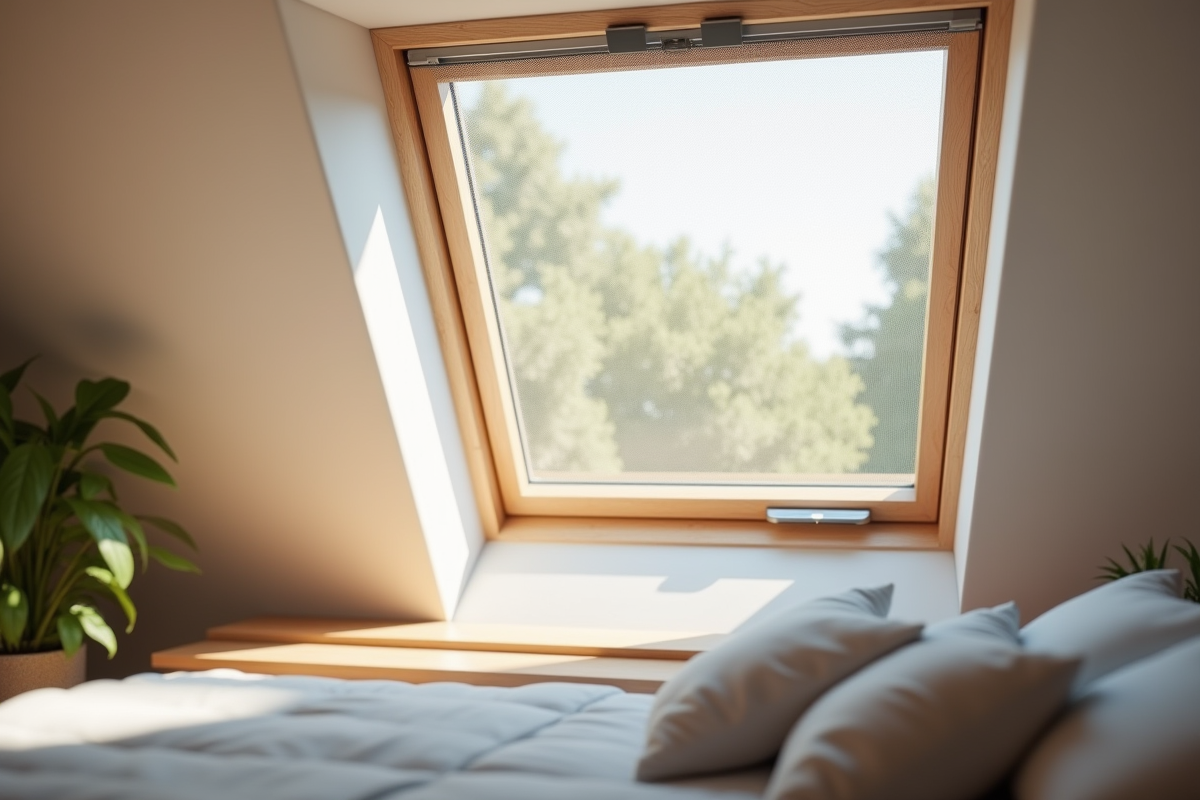 Chambre de grenier moderne avec fenêtre Velux et moustiquaire