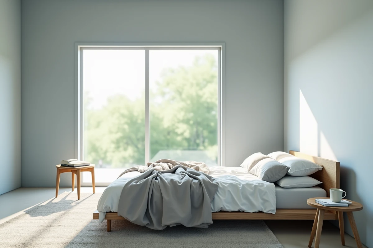Chambre minimaliste aux murs bleu-gris pâle avec grande fenêtre laissant entrer la lumière naturelle sur une literie en coton bio blanc et gris pierre