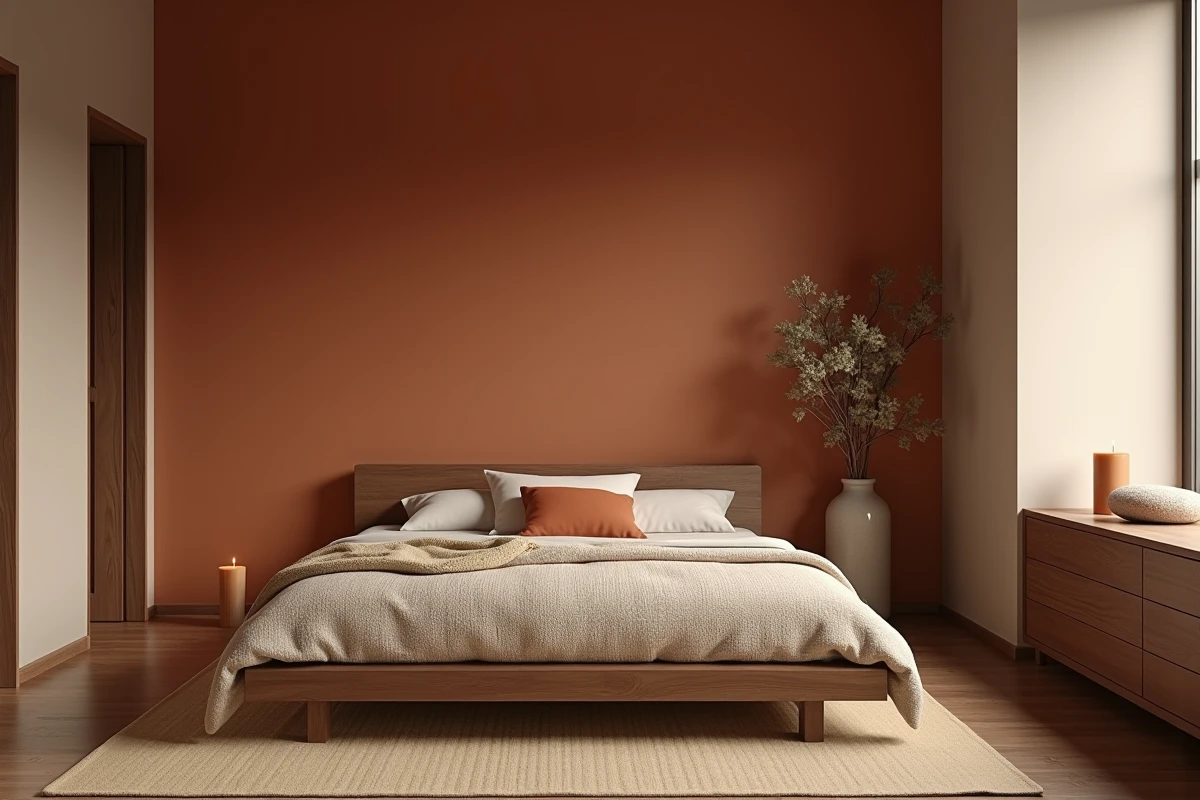 Chambre minimaliste d'inspiration japonaise aux tons grège et terracotta avec lit plateforme en noyer et tapis en jonc naturel