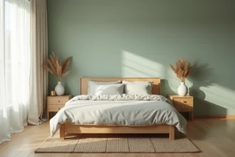Chambre zen aux murs vert sauge avec literie en lin ivoire et mobilier en bois de chêne naturel pour une ambiance reposante