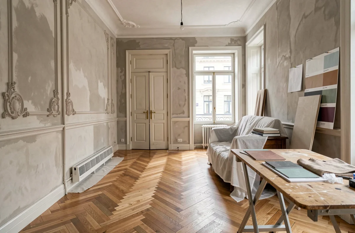 Chantier d'aménagement intérieur clé en main en cours dans un appartement haussmannien à Strasbourg avec parquet en chevrons et moulures d'époque