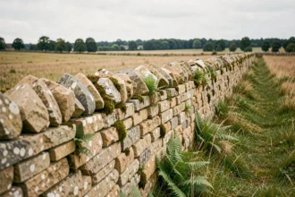 Clôture en pierre de moellon traditionnelle longeant un terrain rural en France, avec des blocs de calcaire irréguliers empilés à sec, couverts de mousse, sur fond de prairie verdoyante