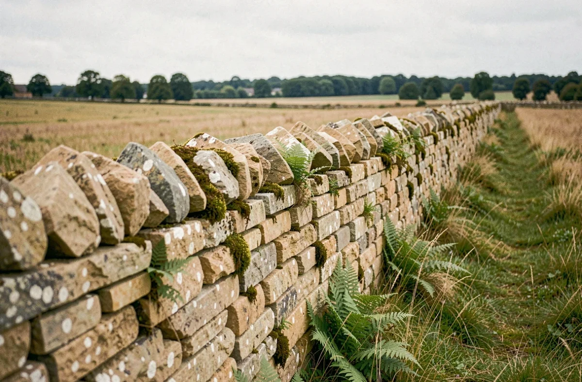 Clôture en pierre de moellon traditionnelle longeant un terrain rural en France, avec des blocs de calcaire irréguliers empilés à sec, couverts de mousse, sur fond de prairie verdoyante