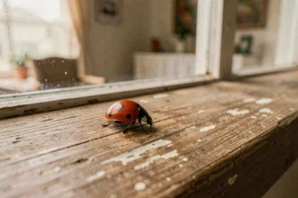 Coccinelle rouge posée sur le bord d'une fenêtre en bois à l'intérieur d'une maison, signification spirituelle et symbolique