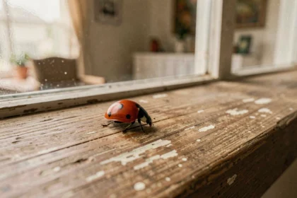 Coccinelle rouge posée sur le bord d'une fenêtre en bois à l'intérieur d'une maison, signification spirituelle et symbolique