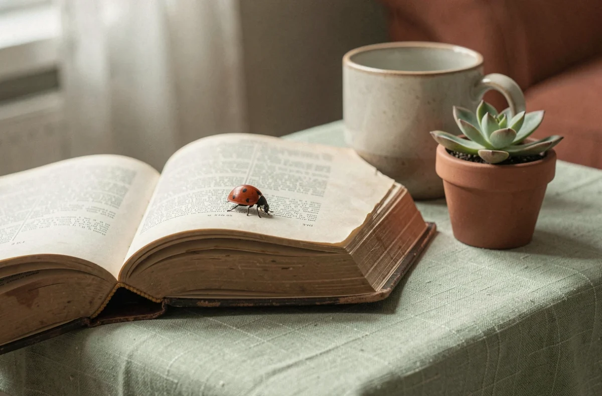 Coccinelle sur un livre ouvert avec plante succulente et tasse en céramique, symbolisme spirituel de la coccinelle dans la maison