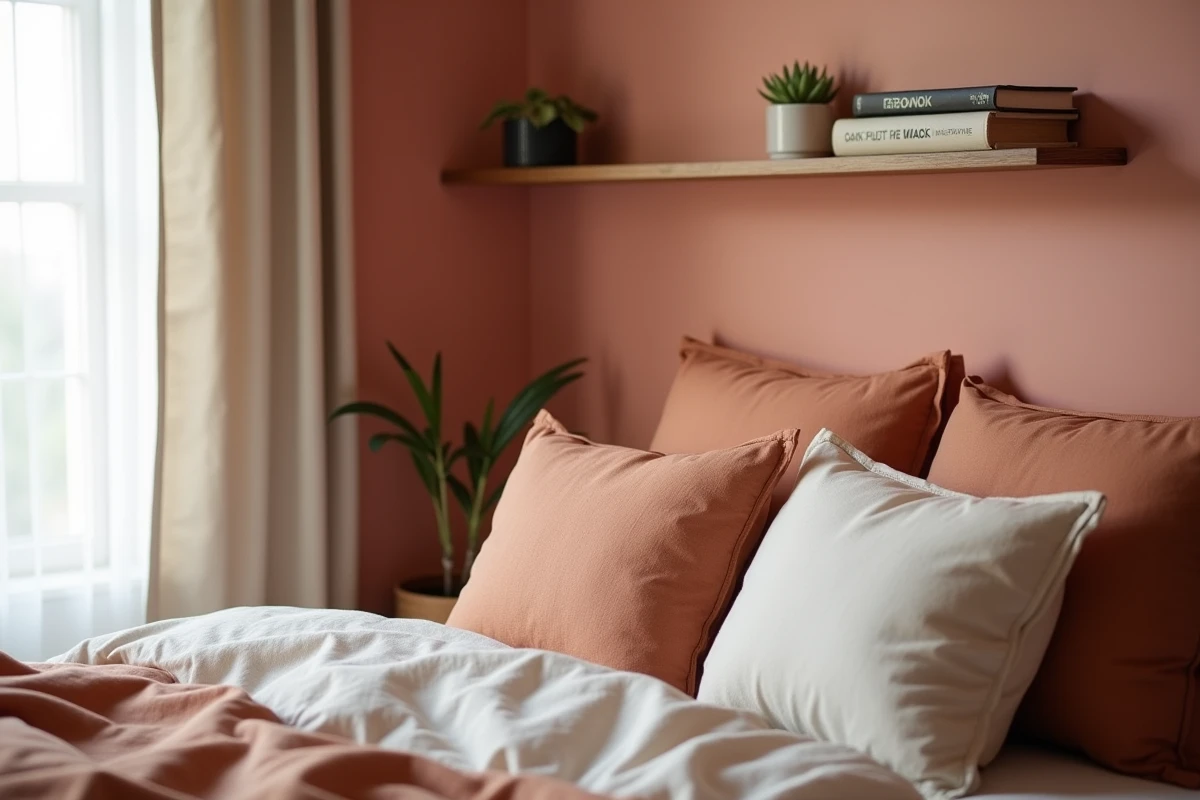 Coin de chambre avec mur en rose poudré, literie en lin terracotta et lumière naturelle douce provenant d'une fenêtre latérale