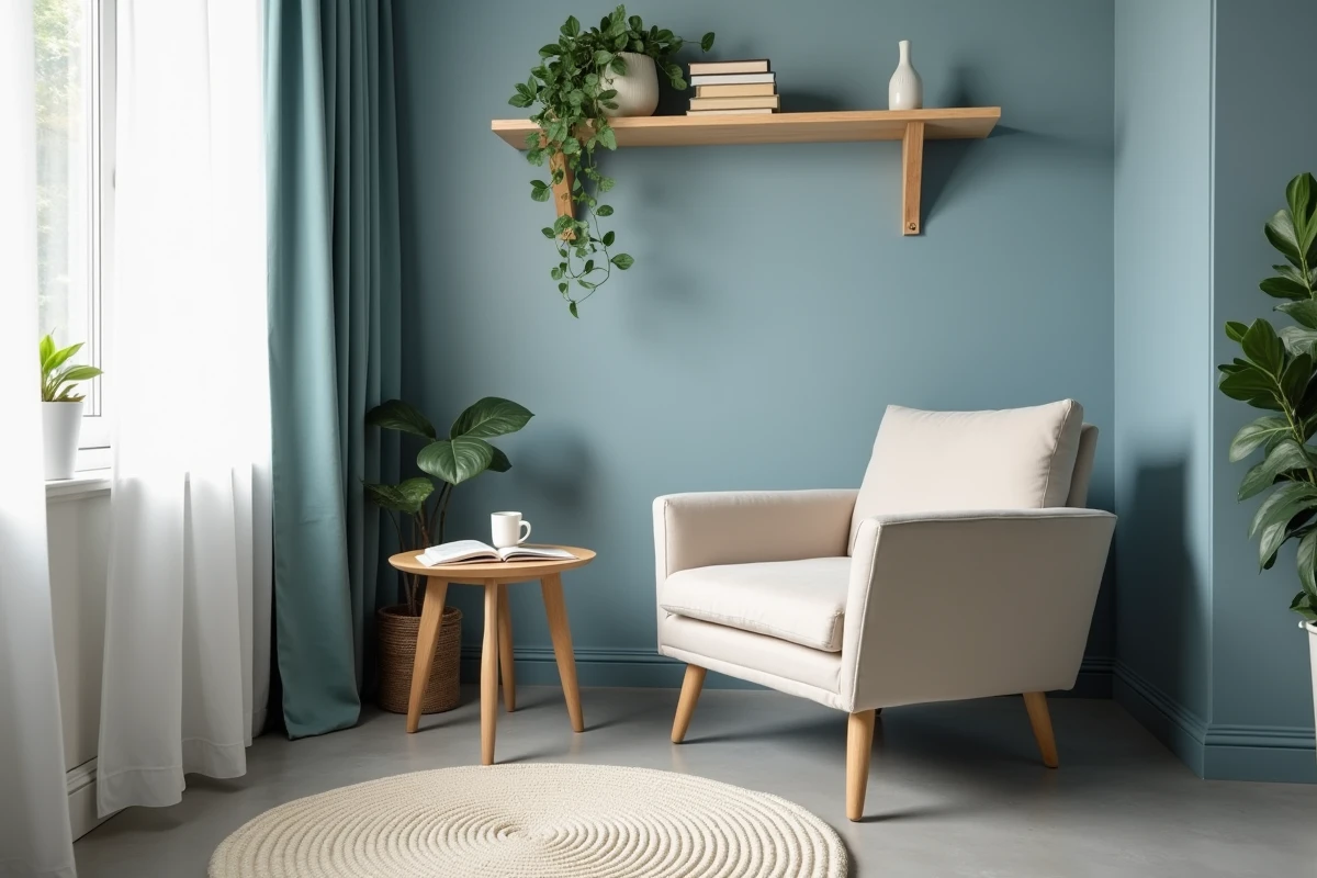 Coin lecture apaisant dans une chambre aux tons bleu poudré et blanc chaleureux avec fauteuil en velours et plante verte