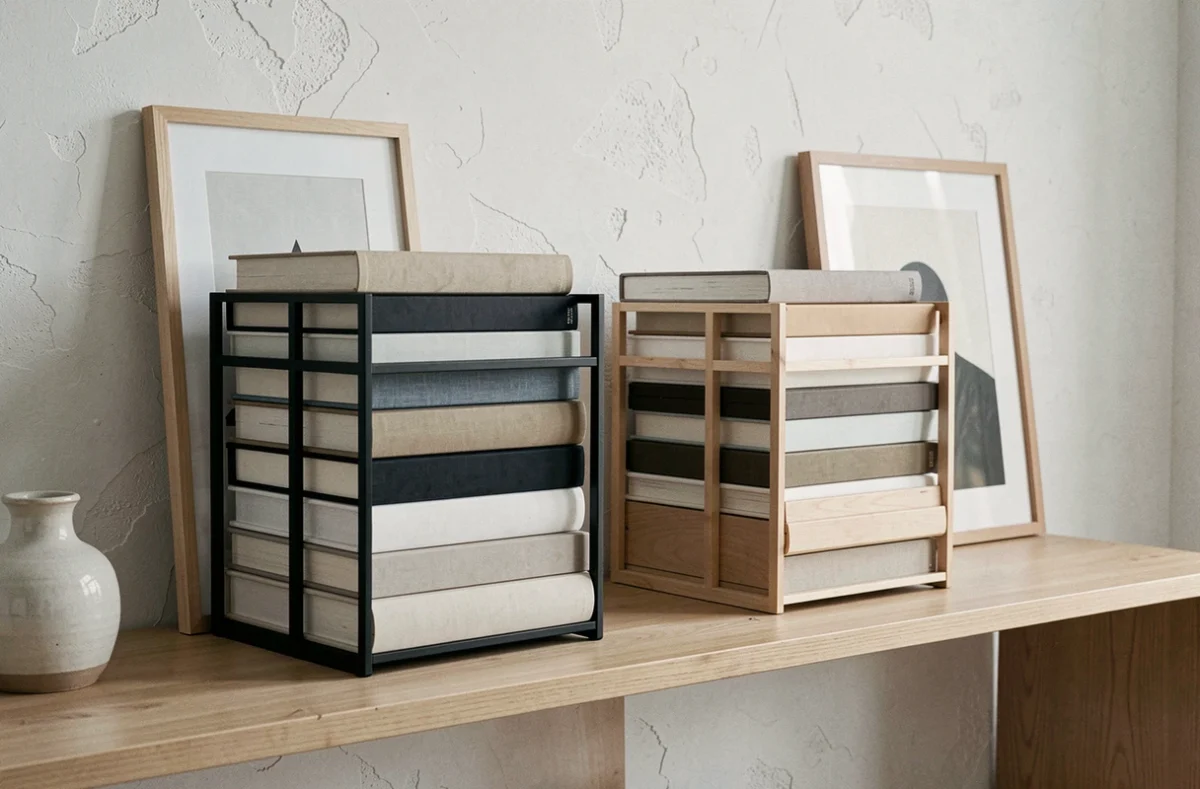Comparaison de deux designs de book stacker, l'un en métal noir mat et l'autre en bois de hêtre, sur une étagère scandinave
