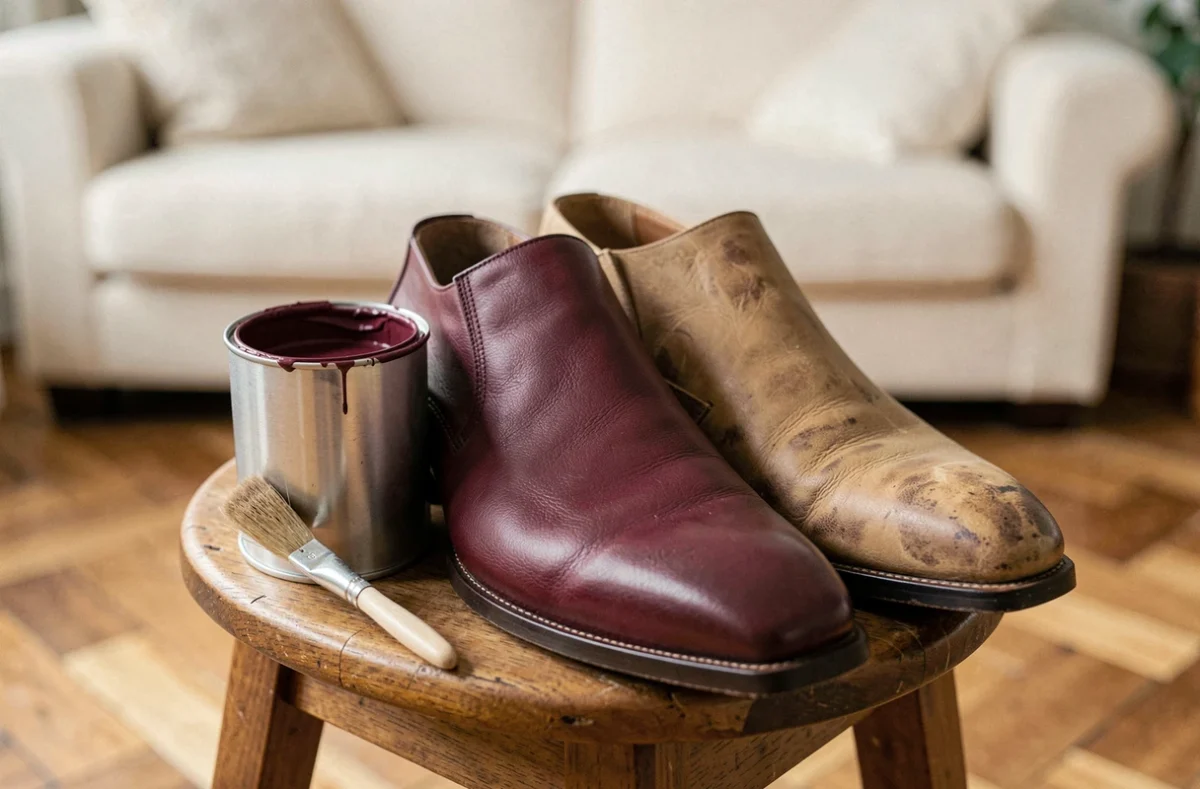Comparaison d'une chaussure en cuir peinte en bordeaux et d'une chaussure non traitée posées sur un tabouret en bois