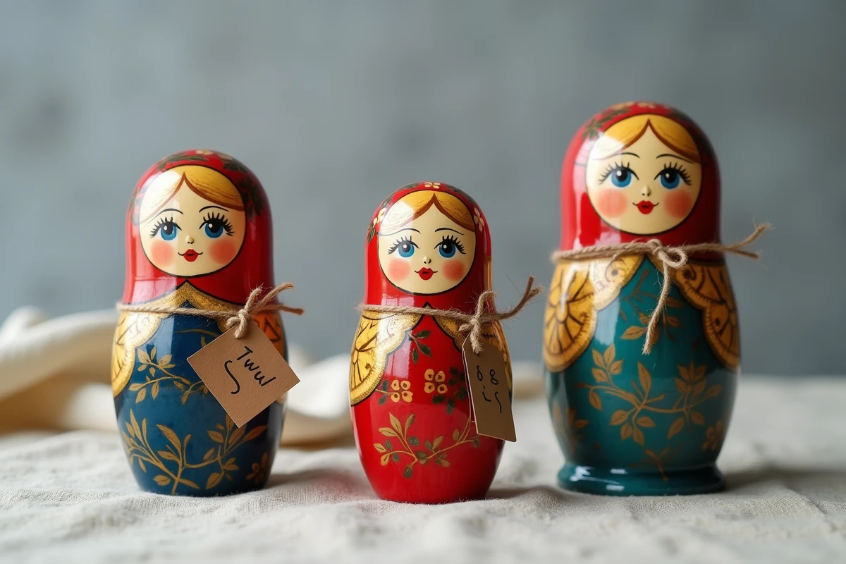 Comparaison de trois poupées matriochkas de qualités différentes posées sur un tissu lin, illustrant les critères d'achat et les erreurs à éviter