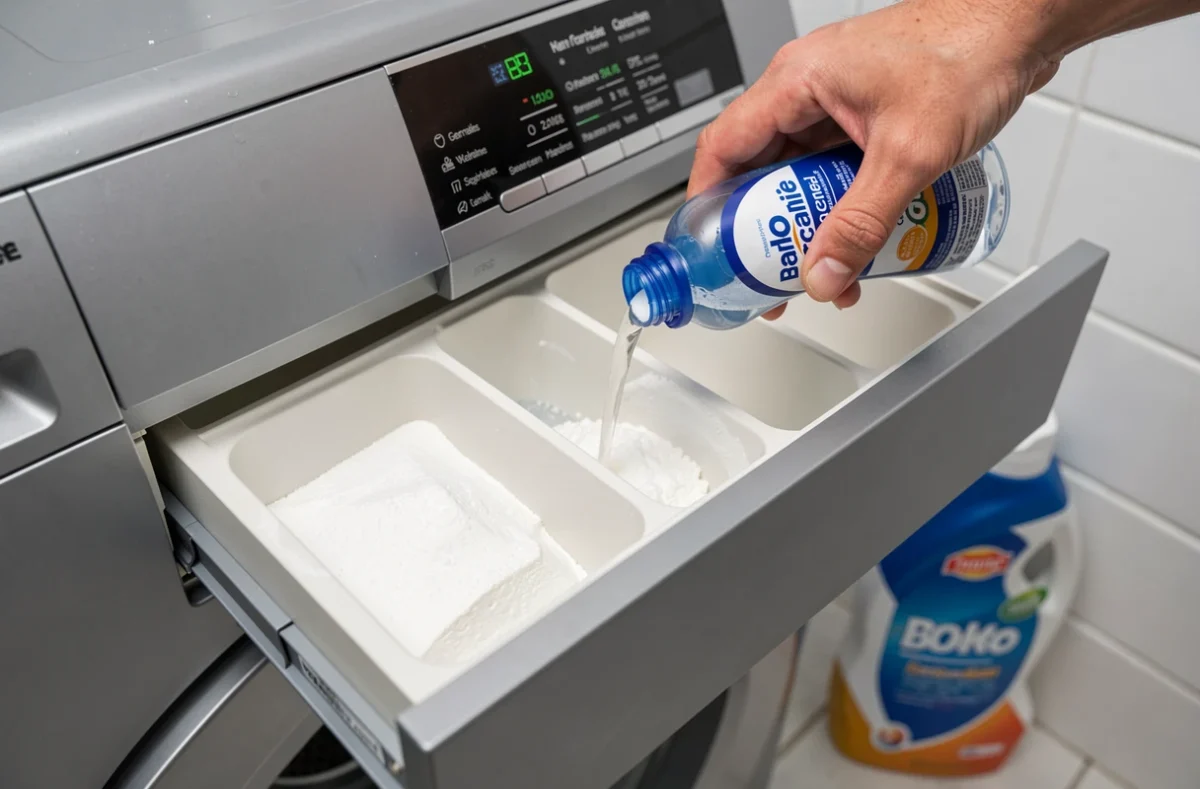 Gros plan sur le tiroir à lessive d'un lave-linge avec les compartiments pour la lessive, l'anticalcaire et le détachant