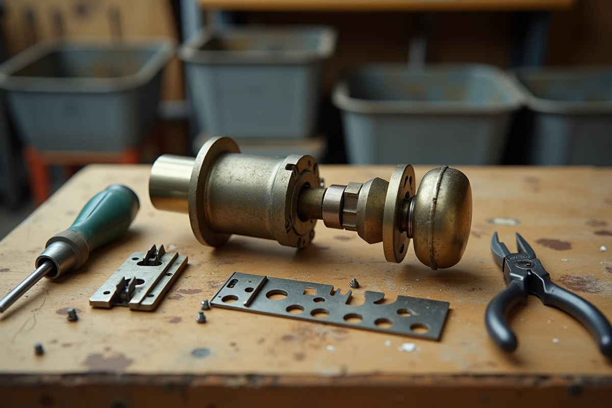 Mécanisme de serrure de porte intérieure démonté avec ses composants disposés sur un établi en bois