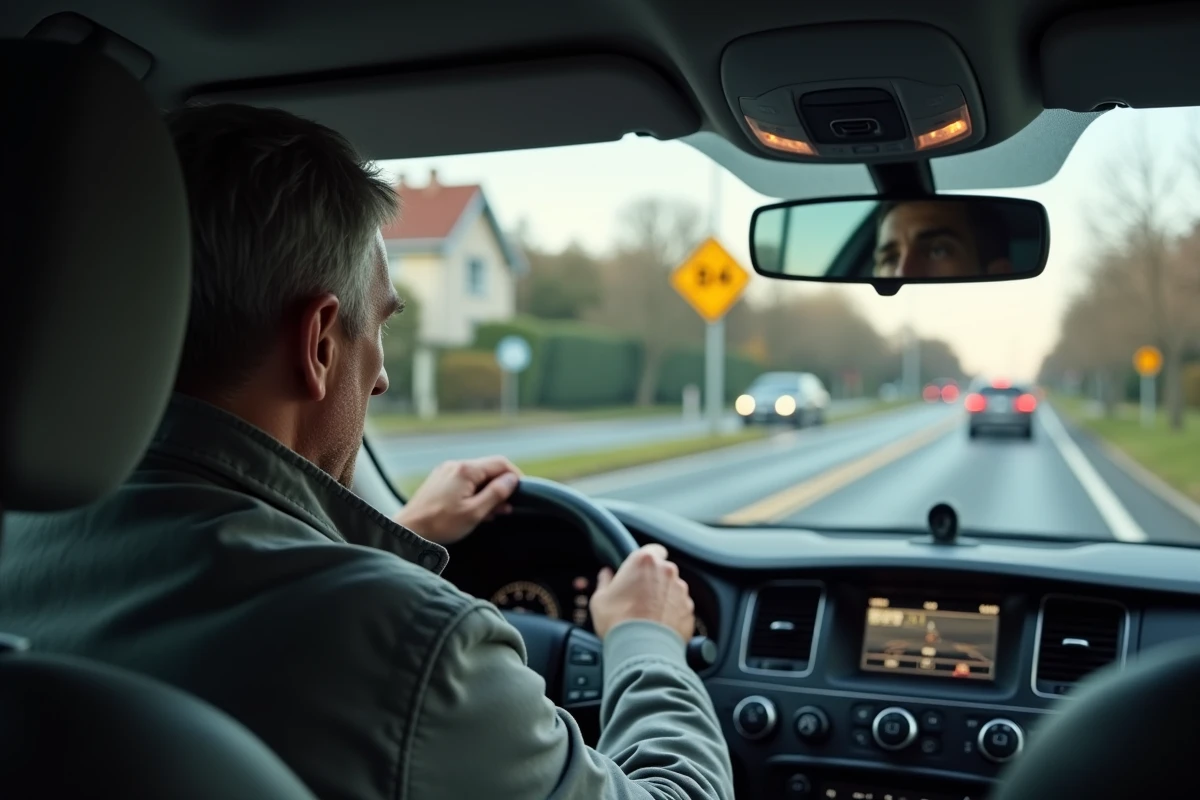 Conducteur observant le panneau B34 depuis l'habitacle d'une voiture sur route urbaine