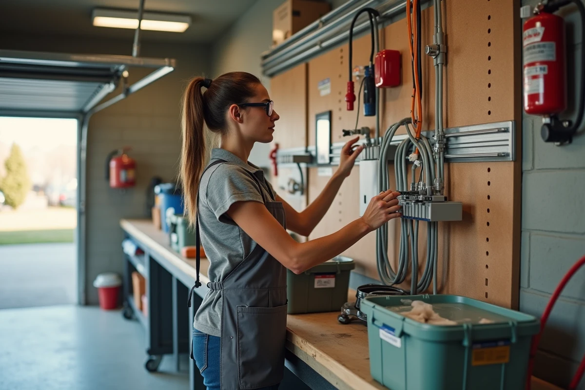 Femme organisant des conduits de protection électrique sur un mur de garage avec rangement mural
