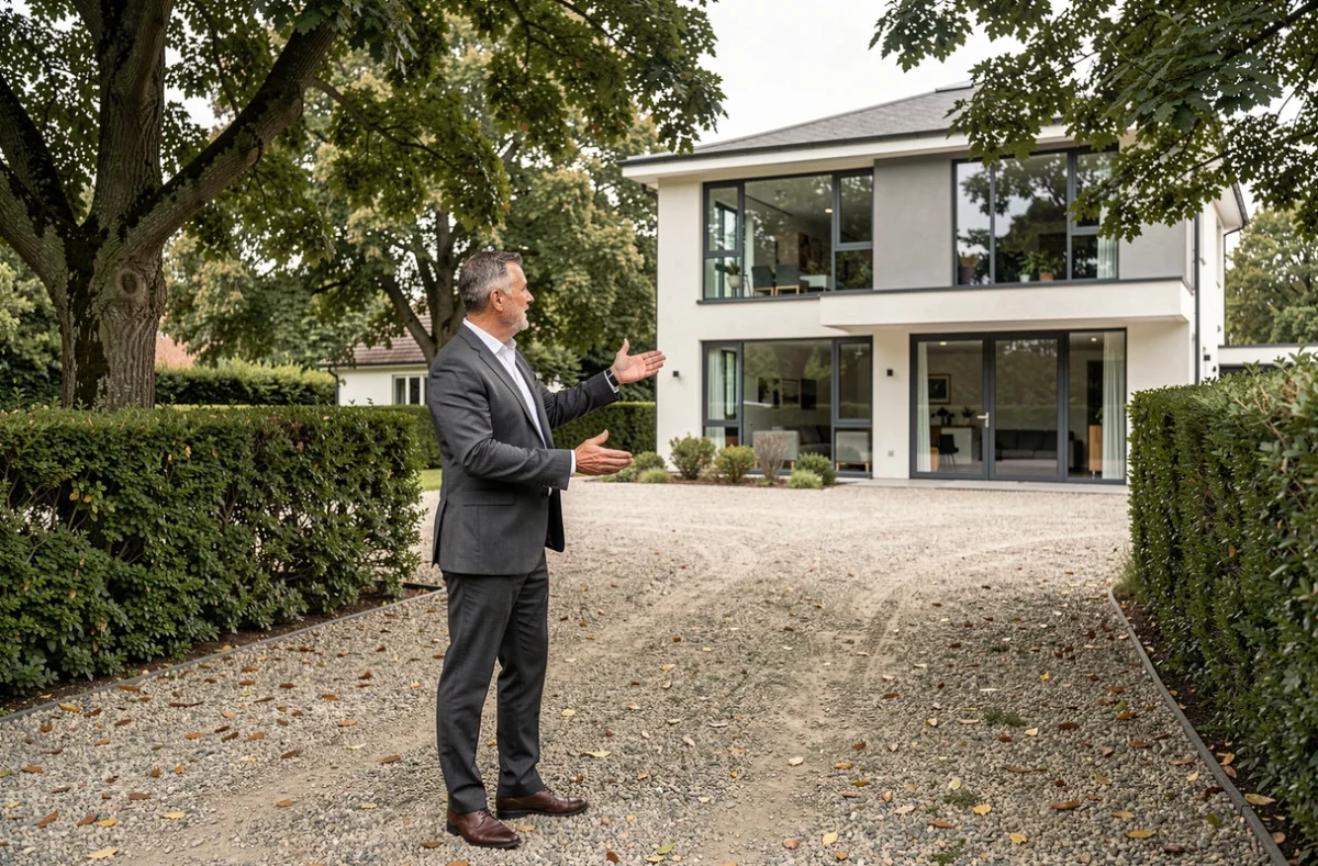 Conseiller immobilier présentant une maison neuve lors d'une visite extérieure sur un chemin de gravier