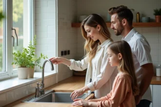 Famille de trois personnes économisant l'eau au robinet de la cuisine