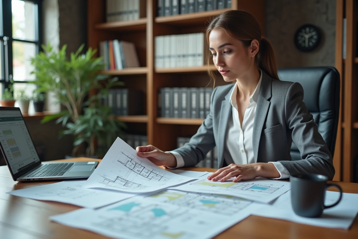 Consultante en bureau d'études local comparant deux rapports d'audit énergétique sur un bureau professionnel