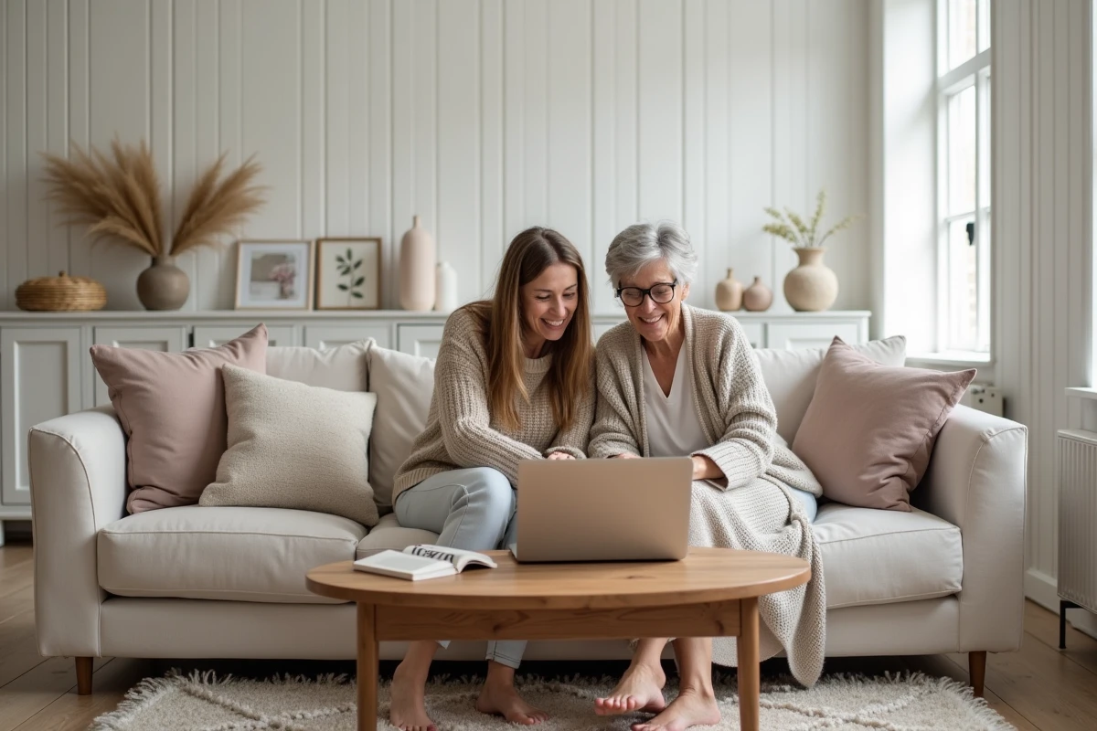 Deux femmes consultant ensemble une application de décoration intérieure sur ordinateur portable dans un salon scandinave