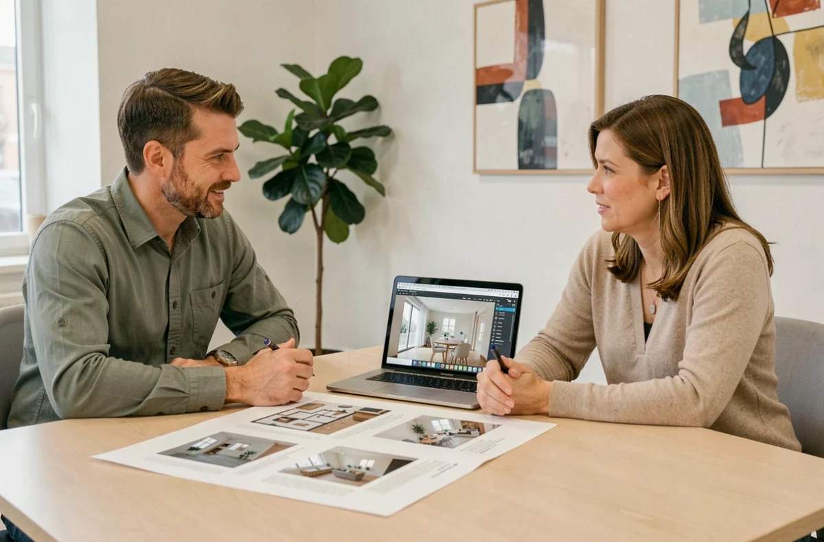 Consultation entre un propriétaire et une décoratrice intérieure lors d'une réunion de présentation d'un projet de décoration