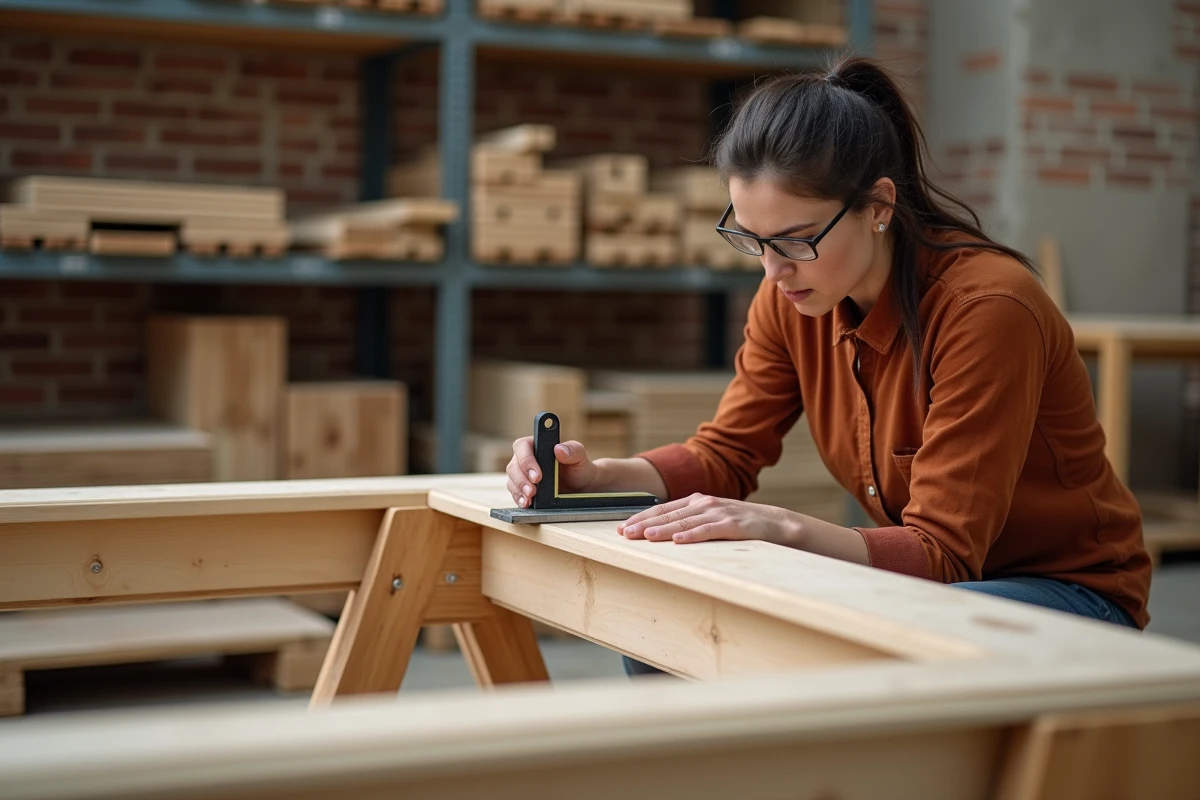 Menuisière vérifiant l'équerrage d'un assemblage tenon et mortaise sur un cadre en bois avec une équerre combinée