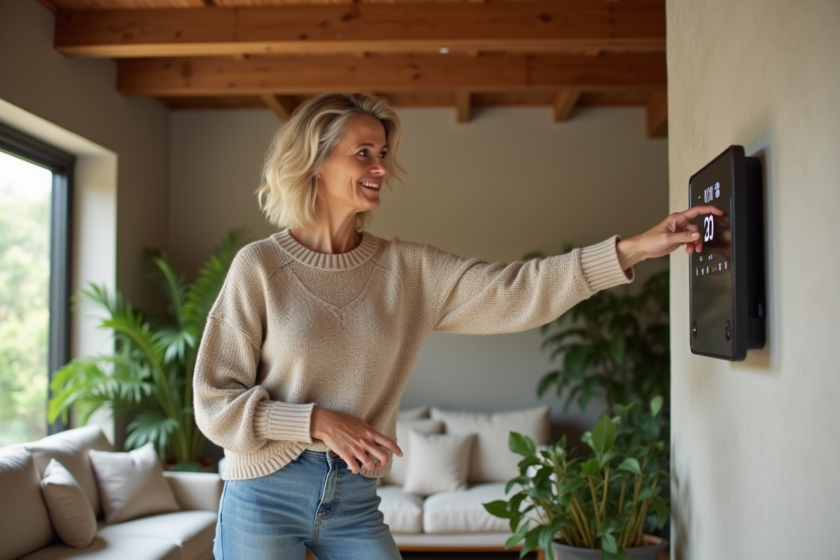 Femme ajustant le thermostat dans une maison écologique