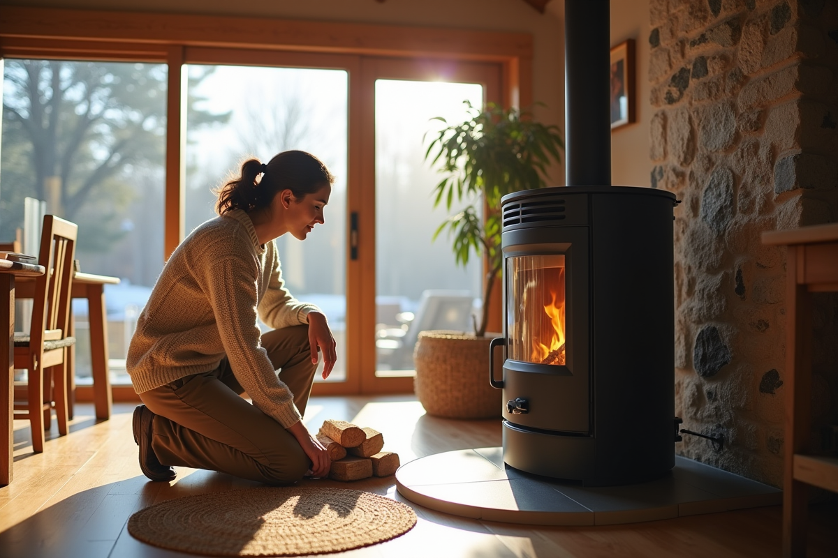 Jeune couple ajoutant du bois dans un poêle moderne