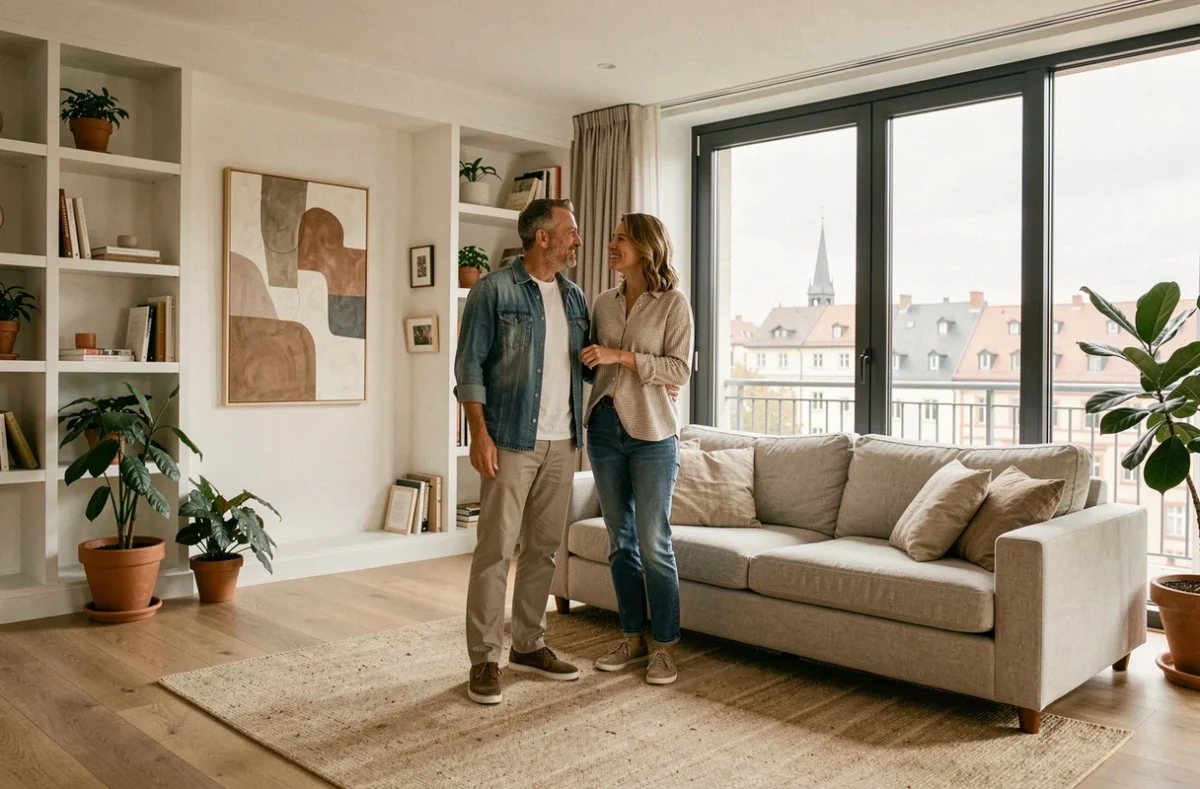 Couple satisfait découvrant leur appartement à Strasbourg entièrement rénové et aménagé clé en main dans un style contemporain