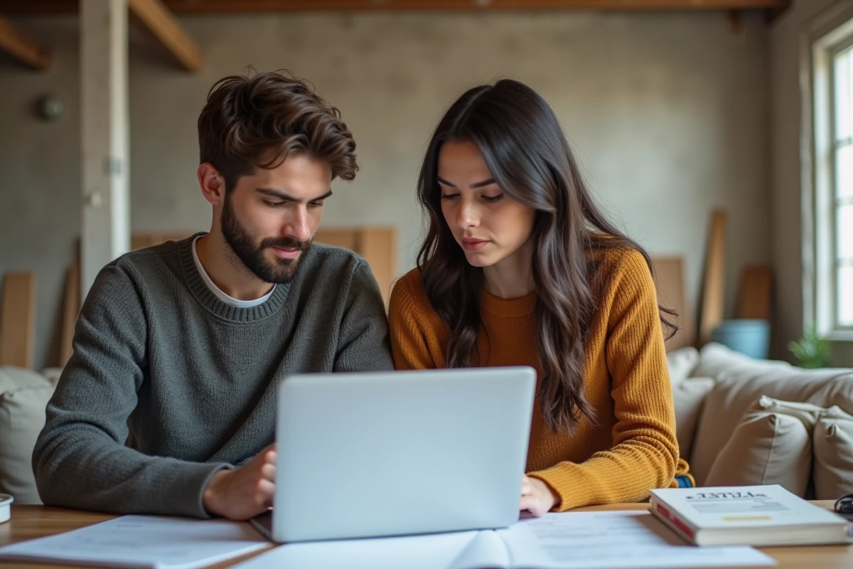 Jeune couple compare devis renovation dans un bureau