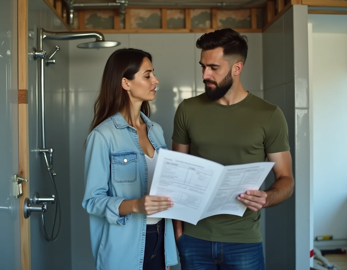 Couple comparant des devis travaux dans une salle de bain en cours de rénovation