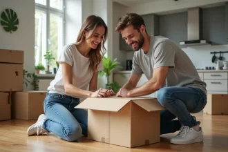 Jeune couple français dans un appartement en train de sceller une box