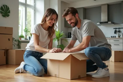 Jeune couple français dans un appartement en train de sceller une box