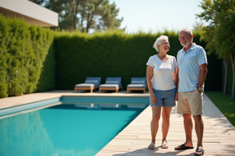 Couple souriant devant leur nouvelle piscine extérieure