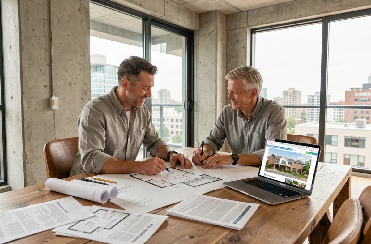 Couple étudiant des plans immobiliers et des documents de projet autour d'une table dans un appartement contemporain