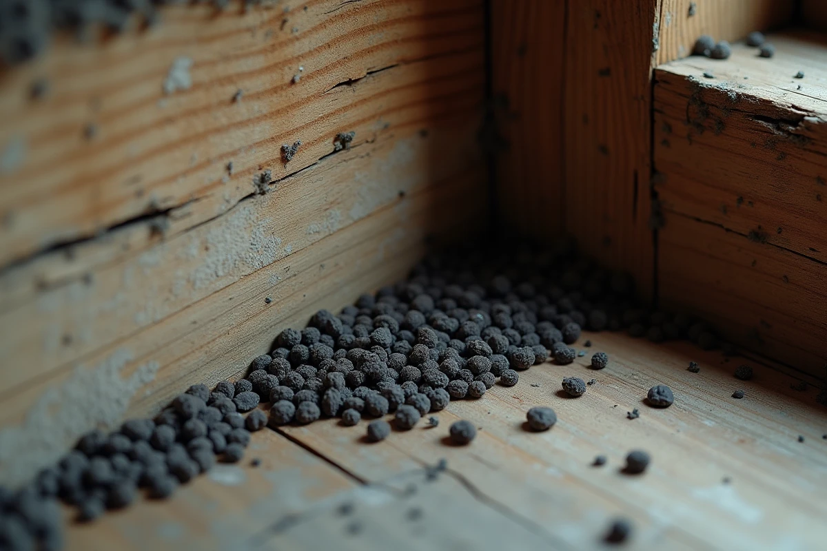 Crottes de fouine concentrées dans un coin de grenier sur une poutre en bois ancienne, signe d'un couloir de passage habituel