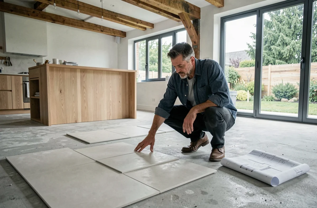 Décorateur d'intérieur masculin examinant des échantillons de carrelage dans une cuisine en rénovation à Nantes