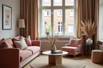 Salon d'une location saisonnière décorée par une agence de décoration à Lille avec canapé velours rose et détails soignés