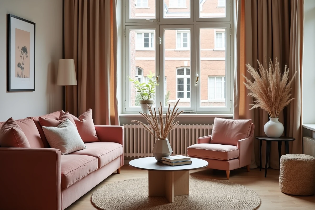 Salon d'une location saisonnière décorée par une agence de décoration à Lille avec canapé velours rose et détails soignés