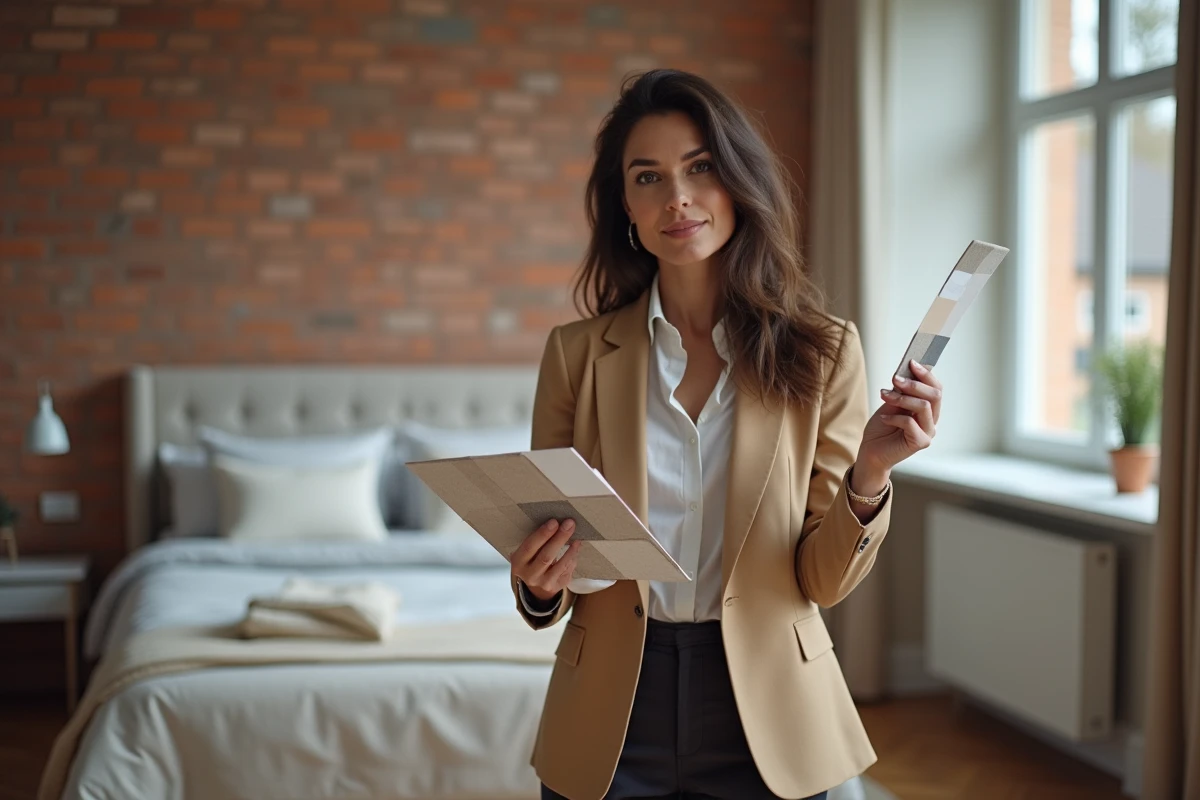 Décoratrice d'intérieur professionnelle tenant un moodboard dans un appartement en cours d'aménagement à Lille