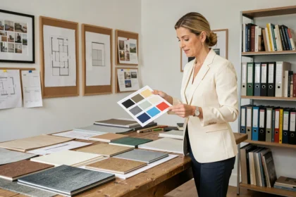 Décoratrice intérieure professionnelle examinant des échantillons de matériaux et palettes de couleurs dans un studio de design moderne