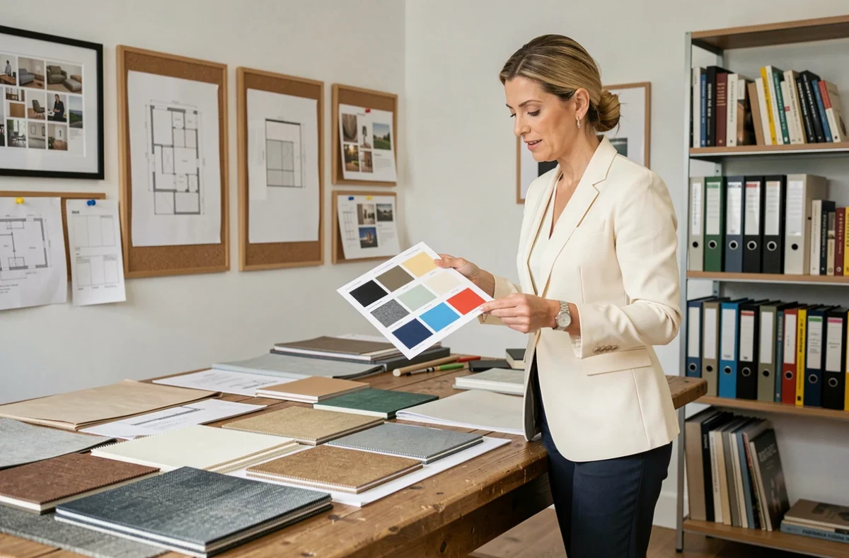 Décoratrice intérieure professionnelle examinant des échantillons de matériaux et palettes de couleurs dans un studio de design moderne