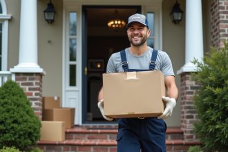 Homme déménageur portant une boîte devant une maison