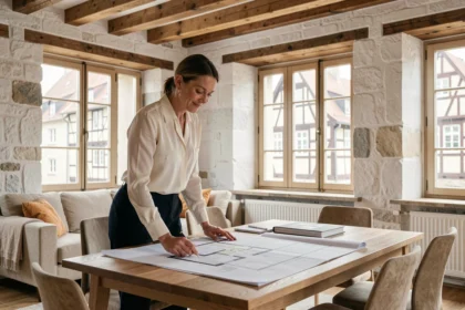 Designer d'intérieur étudiant des plans dans un appartement alsacien rénové à Strasbourg avec vue sur les colombages