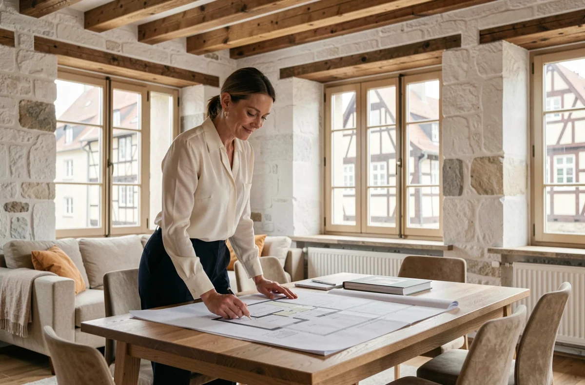 Designer d'intérieur étudiant des plans dans un appartement alsacien rénové à Strasbourg avec vue sur les colombages